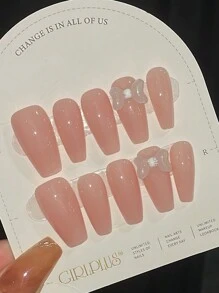 GIRL PLUS GIRLPLUS 10件假指甲大蝴蝶結女孩粉色設計指甲套裝, 適合女孩和女性日常穿著, 按壓式指甲裝備 - 粉色 - 查看 2
