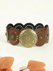 1條女性復古圓形扣釘住皮革和金屬花卉設計印花波希米亞風格pu腰帶,適用於鄉村音樂節和旅行裝備 - A - 查看 10