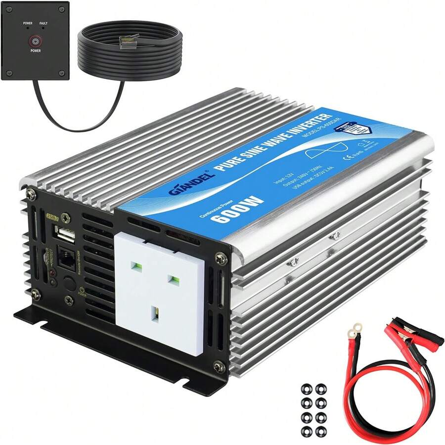 Giandel Pure Sine Wave Power Inverter 600W DC 12V To AC 240V Converter With Remote Controller & USB Port For Laptop Camera Smartphone - Silver - View 1