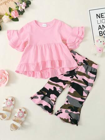 Baby Girl Pink Ruffle Hem Top And Camo Flare Pants Outfit