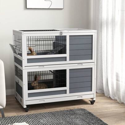 PawHut Rabbit Hutch Indoor With Wheels, Double Deckers Guinea Pig Hutch, Wooden Small Animal House With Feeding Trough, Slide-Out Trays, Ramps, Openable Top - Grey