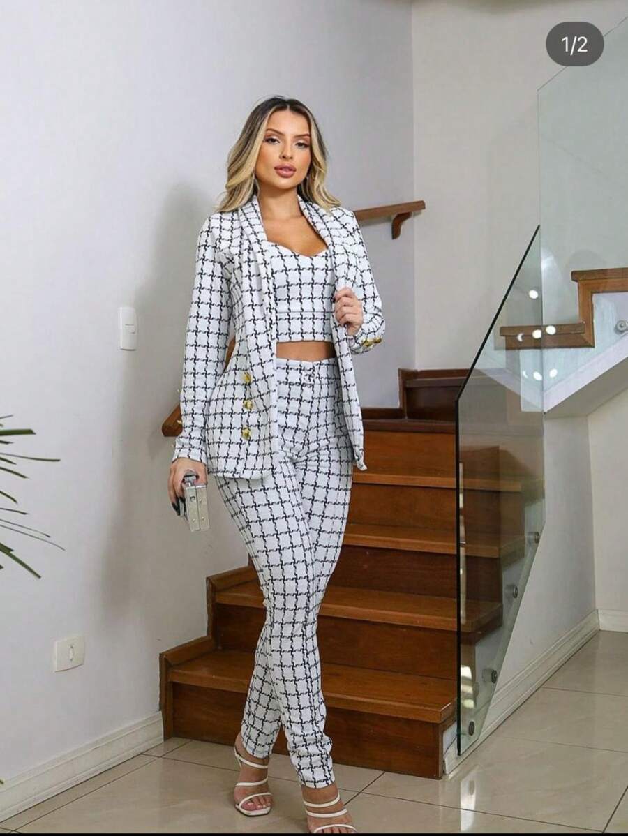 Conjunto 3 Peças Feminino Xadrez Max Blazer, Calça e Cropped em ...