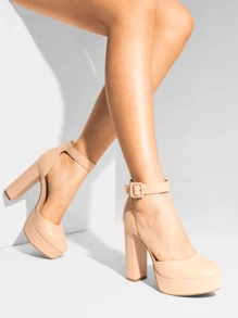 Women's High Chunky Heels Pumps Elegant Solid Color Platform Ankle Strap Dress Round Closed Toe Wedding Party  Fashionable Comfortable Shoes - 杏色 - 查看 1