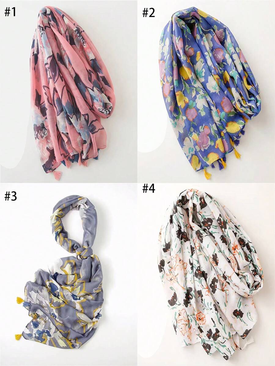 Women's Floral Print Tassel Scarf, Beach Shawl, Suitable For Daily Use - Multicolor - View 1