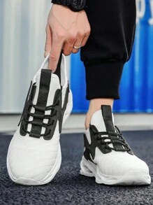 1雙時尚男士運動輕便鞋,黑白透氣布料,前綁帶戶外休閒跑步鞋 - 黑與白 - 查看 3