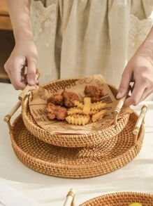 1個手工編織藤製托盤,日式風格水果籃、帶手柄麵包籃、家庭存放擺設小吃籃、乾果盤桌面收納 - 薑色 - 查看 5