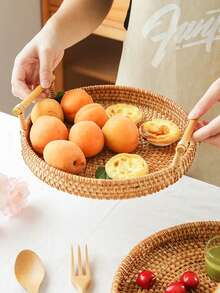 1個手工編織藤製托盤,日式風格水果籃、帶手柄麵包籃、家庭存放擺設小吃籃、乾果盤桌面收納 - 薑色 - 查看 9