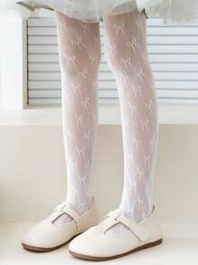 1pc Toddler Girls' Bowknot Hollow Out Tights Bottoming Pantyhose With Ruffle - White - View 3