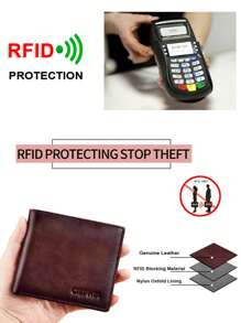 Ví da thật chống RFID cho nam, kiểu dáng cổ điển, gấp đôi, ngắn, đa chức năng, đựng được 2 thẻ ID, quà tặng cho anh ấy, ví nam, ví da nam - Cà phê nâu - Xem 5