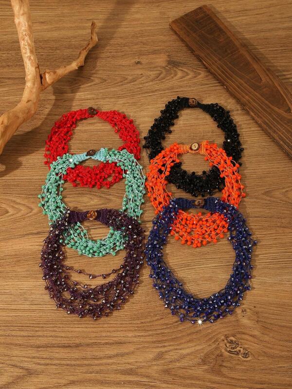 1 Pieza Collar De Mujeres Hecho A Mano Con Cristales Y Estilo Clásico Bohemio De Varias Capas Y Minimalista