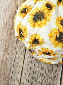 夏季嬰兒女士向日葵印花三角吊帶連體衣，休閒可穿