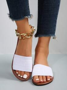 Summer Beach Slippers Women Flat Knitted Open Toe Slip On Shoes Casual Woven Strap Slides, For Outdoors