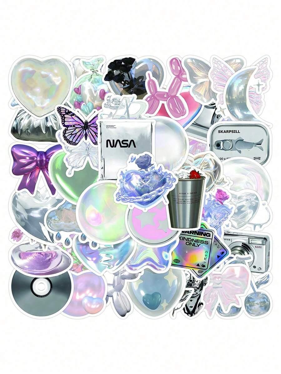 63pcs Pink And Silver Minimalist Doodle Sticker Set, Waterproof, For Decorating Luggage, Pens, Guitar, Notebook