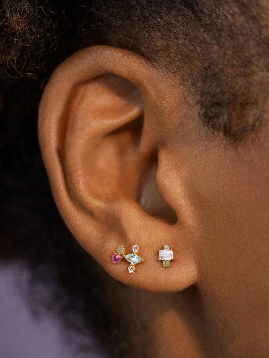 3 cái/bộ Bông tai trang trí bằng đá khối Zirconia - Kim cương màu vàng - Xem 1