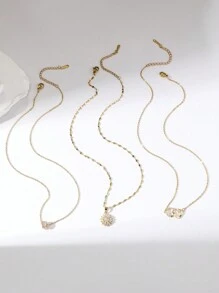 Hihho 3 件时尚奢华双环吊坠项链套装，镶嵌方晶锆石花朵，不锈钢链条，适合女士；非常适合日常佩戴、装饰和情人节、妈妈、母亲、母亲节、礼物 - 金色 - 查看 3