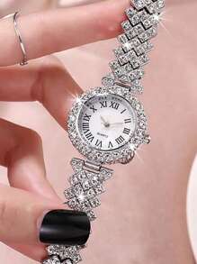 2 件裝女士羅馬數字和水鑽裝飾石英手錶和心形吊飾手鍊套裝,適合日常佩戴 - 銀色 - 查看 2