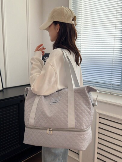 1 Pc Travel Bag Gym Bag Weekend Bag Luggage Bag Handbag Large Capacity Expanded With Zipper For Business Travel Vacation Holiday Hospital Back To School Casual Nylon Solid Color Quilted Detail Letter Graphic Pattern For Women Men Teacher Gift For Mom Essential For Pregnant Mothers Honeymoon Travel Accessories Suitable For Picnic In University Dormitory, Fitness, Swimming, Yoga, Flying, Solid Color Quilting Back To School Supplies