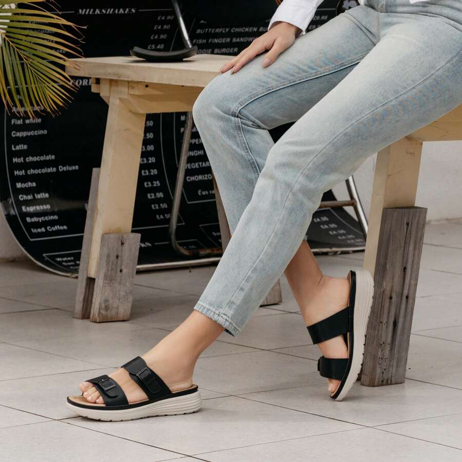 女款滑動拖鞋舒適調節雙扣平底涼鞋夏季鞋 - 黑色 - 查看 1