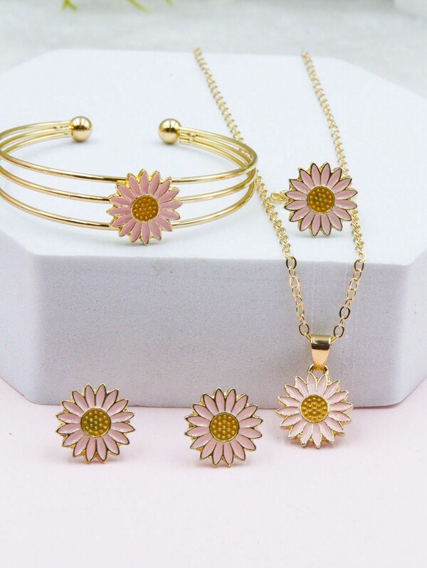5pcs/Set Lovely & Delicate Sunflower & Daisy Oil-Drip Earrings, Ring, Bracelet, Pendant Necklace. New Product For Can Be Used As Festival Gifts