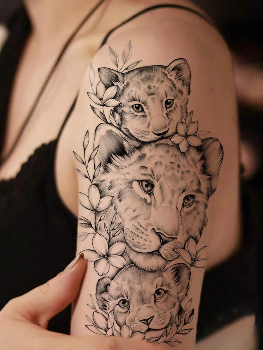 STARTTOOS 1pc Temporary Tattoo Sticker With Lion Animal Design, Suitable For Arms, Chest, Abdomen, Back, Etc. In Light Black
