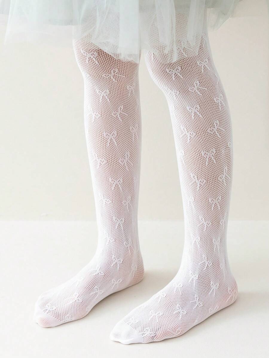 1pc Toddler Girls' Bowknot Hollow Out Tights Bottoming Pantyhose With Ruffle - White - View 1
