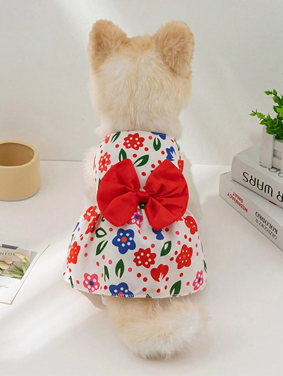 1 Vestido Com Laço Vermelho Para Cães E Gatos Pequenos, Primavera/verão - Vermelho - Ver 1