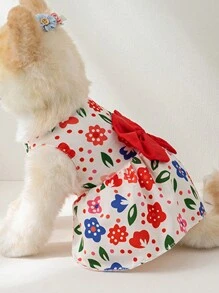 1 Vestido Com Laço Vermelho Para Cães E Gatos Pequenos, Primavera/verão - Vermelho - Ver 3