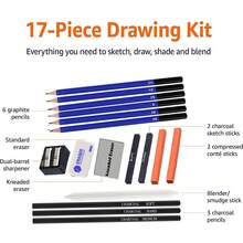 Sketch And Drawing Art Pencil Kit 17 Piece Set Charcoal Stickers Graphite Pencils With Erasers Blender Smudge Stick - Multicolor - View 3