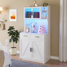 Lvifur 64" Kitchen Pantry With Auto Sensor LED,Storage Cabinets With 2 Outlets For Microwave & USB-C Ports,Hutch Cabinet With Pegboard,2 Cabinet,2 Drawers,1 Large Countertop