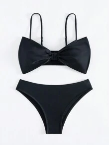 蝴蝶点缀细肩带三角泳裤时尚比基尼套装 2 件/套 夏季 - 黑色 - 查看 10