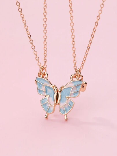 2入組女孩蝴蝶動物造型鋅合金可愛油滴磁吊墜項鍊，適用於最好的朋友日常珠寶禮物，粉紅色/藍色