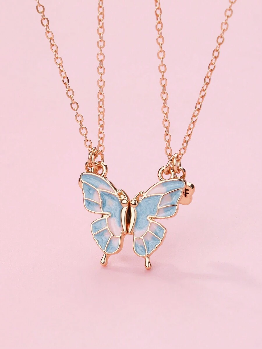 2入組女孩蝴蝶動物造型鋅合金可愛油滴磁吊墜項鍊，適用於最好的朋友日常珠寶禮物，粉紅色/藍色 - 藍色 - 查看 1