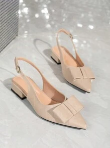 Women's Fashion Summer New Fairy Style Shoes, Thick Heel Low Heel Bow Pointed Toe Backless Slip-On Flats - Apricot - View 2