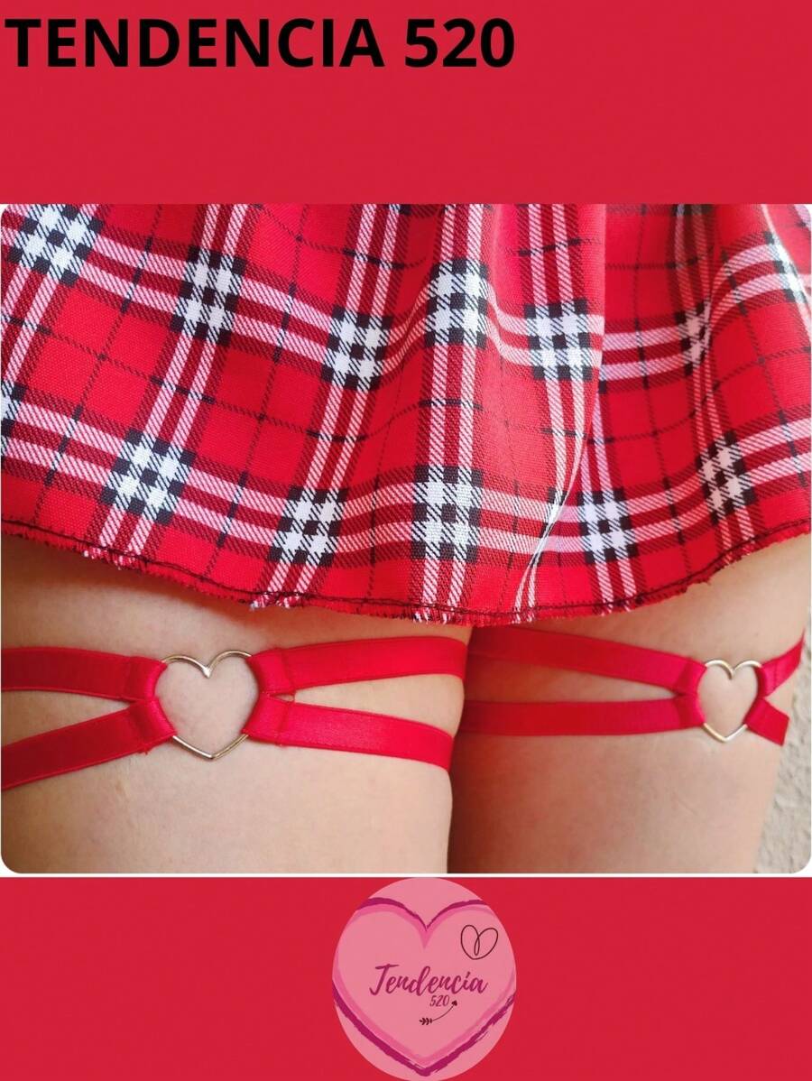 2 Garters With Heart Rings, Adjustable - Red - View 1