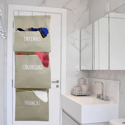 Cesto Saco Organizador de Pendurar Atrás da Porta de Roupa Suja e Brinquedo Dobrável Multiuso Guarde Bem