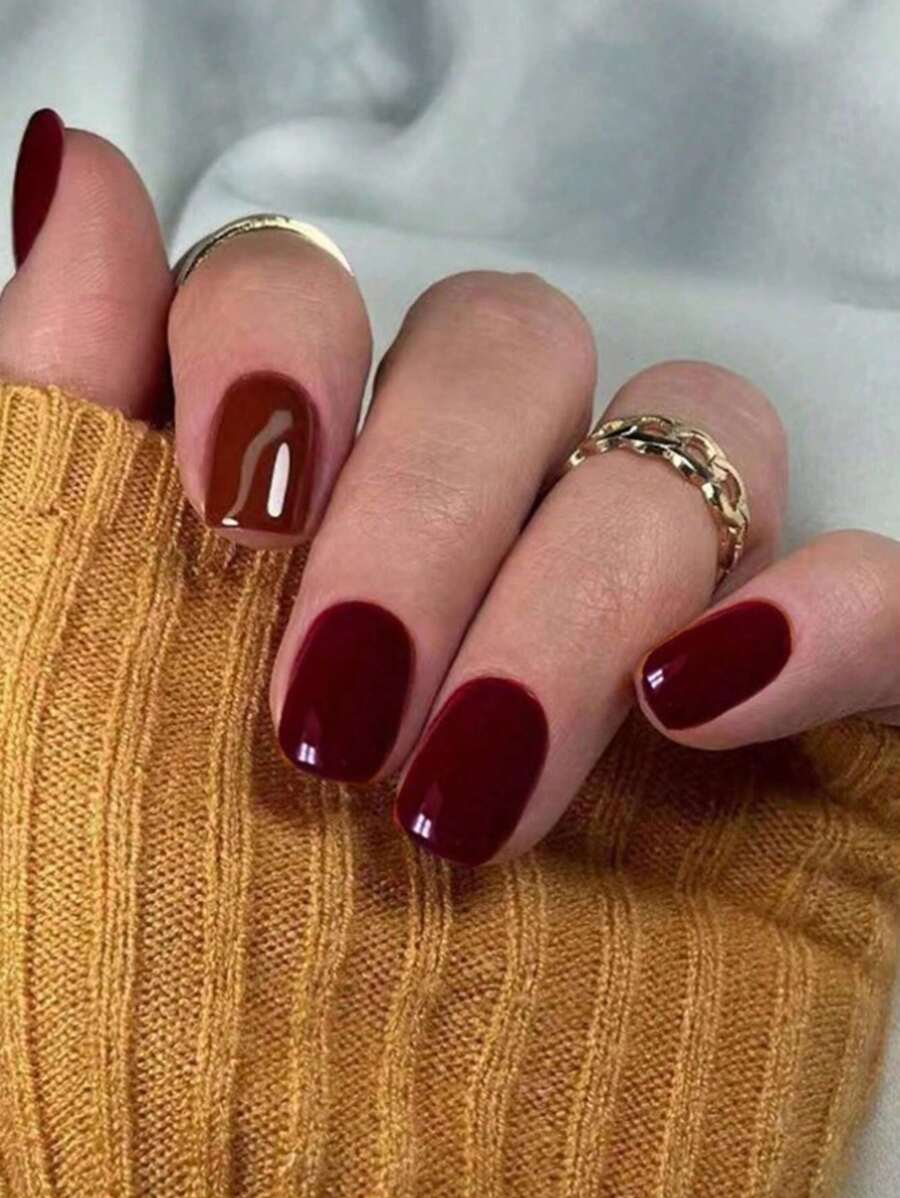 24pcs Short Square Red False Nails With Y2k Style & Rose Gold Glitter For Enhancing Your Appearance Press On Nails Nail Supplies - Rose Red - View 1