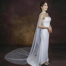 1 件手工刺绣珍珠、蕾丝和亮片装饰婚礼披肩，带薄纱拖尾，适合新娘，西式 - 米色 - 查看 3