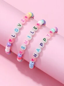 3件組女孩隨機顏色英文LOVE SMILE HAPPY夜光壓克力珠手鍊套組，適合日常佩戴飾品 - 彩色 - 查看 3