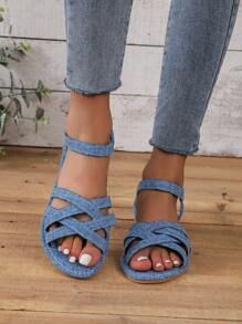 Mulheres Sandálias Romanas Planas de Verão Novas em Denim de Cor Sólida com Decoração Elástica no Calcanhar Cruzado e Confortável Estilo Casual Simples para Férias na Praia e Fashionable All-Match Slip-On Flat Sandals Round Toe Bohemian Flat Sandals