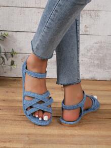 Mulheres Sandálias Romanas Planas de Verão Novas em Denim de Cor Sólida com Decoração Elástica no Calcanhar Cruzado e Confortável Estilo Casual Simples para Férias na Praia e Fashionable All-Match Slip-On Flat Sandals Round Toe Bohemian Flat Sandals