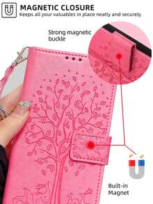 keyunfei 1入粉色樹紋卡槽手帶扣錢夾PU翻蓋手機殼，適用於 14 Pro Max/Redmi Note 9t/Galaxy S23+/P20/Redmi A1+A2+ - 粉色 - 查看 6