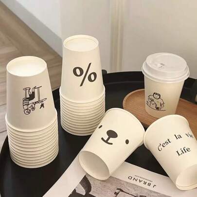 [50pcs/Set/Random Pattern]Thickened 250ml Disposable Paper Cup For Home, Office, INS Style Concise Cup