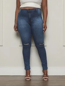 Plus Size Jeans - 深色水洗藍 - 查看 4