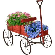 Flower Trolley With Metal Wheels, Wooden Flower Stand, Wooden Trolley For Flowers&Plants, Flower Box, Plant Stand For Garden&Terrace&Outdoor, Shelf For Flower Pot - 紅色 - 查看 2
