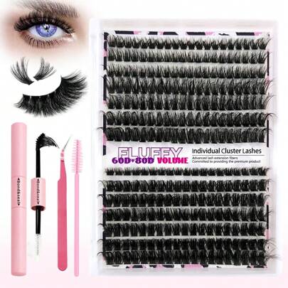Lash Clusters DIY Eyelashes Extensions Kit, Black Extra Thick Fluffy Eyelashes Extension Kit, D Curling Lash Eyelashes Extension Kit, Black Individual Lashes Cluster Curl 60D+80D 280PCS 2 Styles, 10-18mm Mix Individual Lashes Cluster DIY At Home, Lashes D Curl, Thick Lash Clusters With D60P+80P Kit-280pcs Lash Bond & Seal And Tweezers Tool Set For Mini Travel Items And Self-Application Applicator Tool For Self Application At Home, Individual Lashes DIY Eyelashes Extensions Kit, D Curling Eyelash Clusters Lash Extension For Self Application At Home
