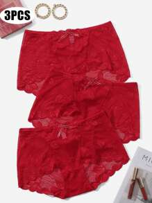 大尺寸3入組純色蕾絲無縫內褲 - 紅色 - 查看 1