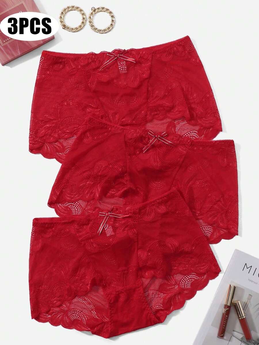 大尺寸3入組純色蕾絲無縫內褲 - 紅色 - 查看 1