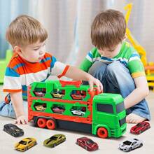 VATOS Coches de Juguete para Camiones de Transporte para Niños de 3, 4, 5, 6 Años, Coche de Juguete con Camión de Carreras Portátil con 6 Coches de Carreras, Juego de Juguetes para Vehículos Transportadores para Niños - Verde - Ver 2