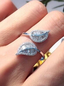1 pezzo Anello aperto di lusso a forma di foglia con zirconi cubici, adatto per uso quotidiano da donna