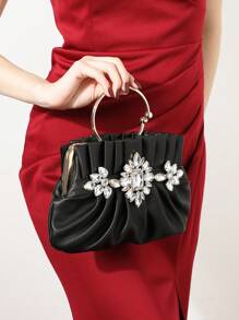 Bolso De Mano Plegable Con Decoración De Diamantes De Imitación De Pu - Negro - Ver 1